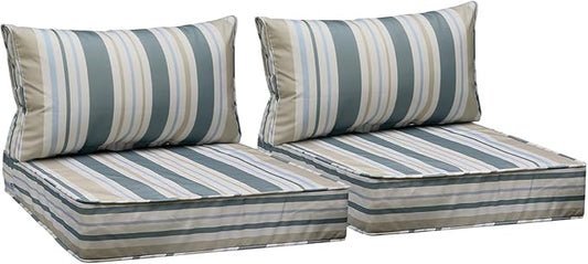 AAAAAcessories Outdoor Seat Cushions for Chairs, Fade-Resistant, Waterproof Patio Furniture Replacement Cushions, 25.5" x 25.5" x 5" + 25.5" x 13.5", Set of 2, Slate Gray Blue Coastal Stripe