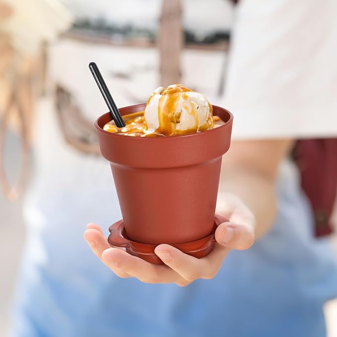 Garneck 20pcs Mini Flower Pot Dessert Cups with Lids Shovel Spoons and Bottom Tray Plastic Small Cake Cup for Construction Birthday Baby Shower Summer Ice Cream Yogurt Mousse Pudding