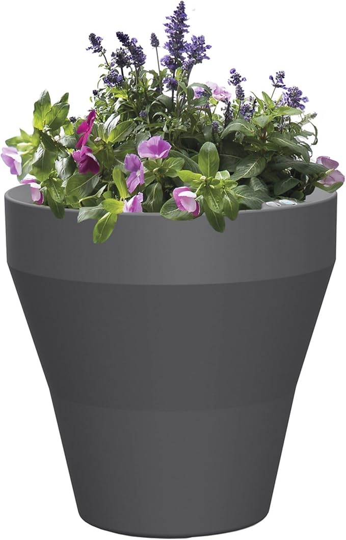 Crescent Garden TruDrop Rim Modern Self Watering Planter with Water Level Indicator, Indoor/Outdoor Weather-Safe Round Plant Pot, Grow Healthy Plants & Flowers - 22" W (Slate)