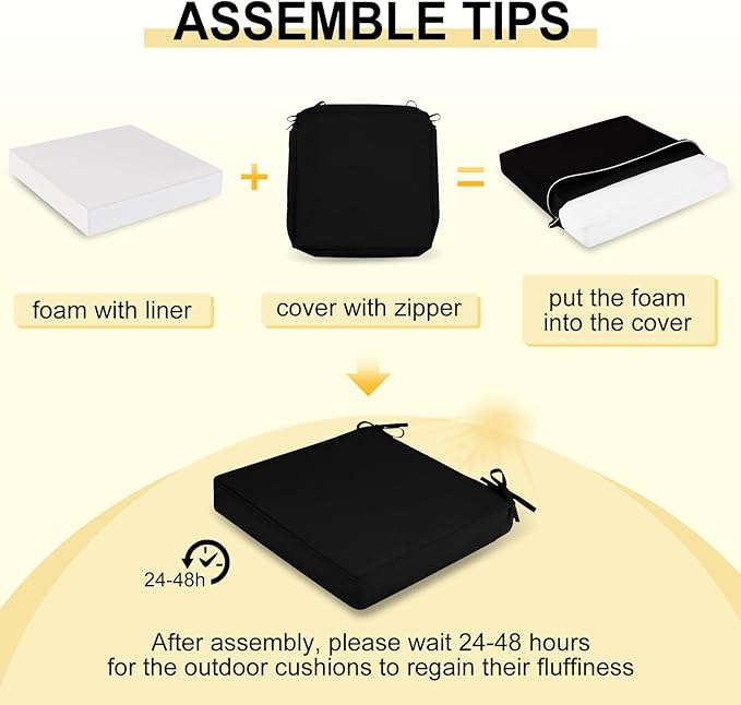downluxe Waterproof Outdoor Chair Cushions for Patio Furniture, 24" x 24" x 4" Patio Chair Cushion with Adjustable Ties & Portable Handle, Square Outdoor Cushion with Removable Cover, Black, 2 Pack