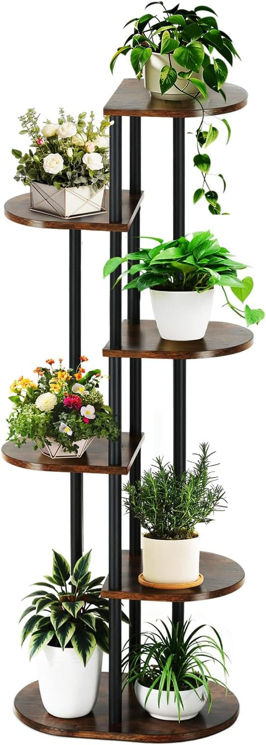 Tiered Plant Stand Indoor, Tall 6 Tier 7 Potted Wooden Plant Shelf for Multiple Plants, Multi Plant Holder Indoor for Patio Garden Patent Design Living Room Bedroom, Rustic Brown