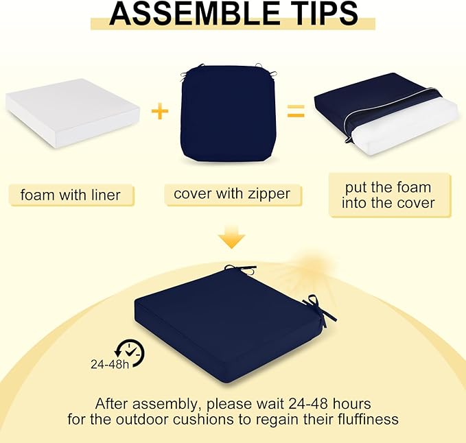 downluxe Waterproof Outdoor Chair Cushions for Patio Furniture, 22" x 22" x 3" Patio Chair Cushion with Adjustable Ties & Portable Handle, Square Outdoor Cushion with Removable Cover, Navy, 2 Pack