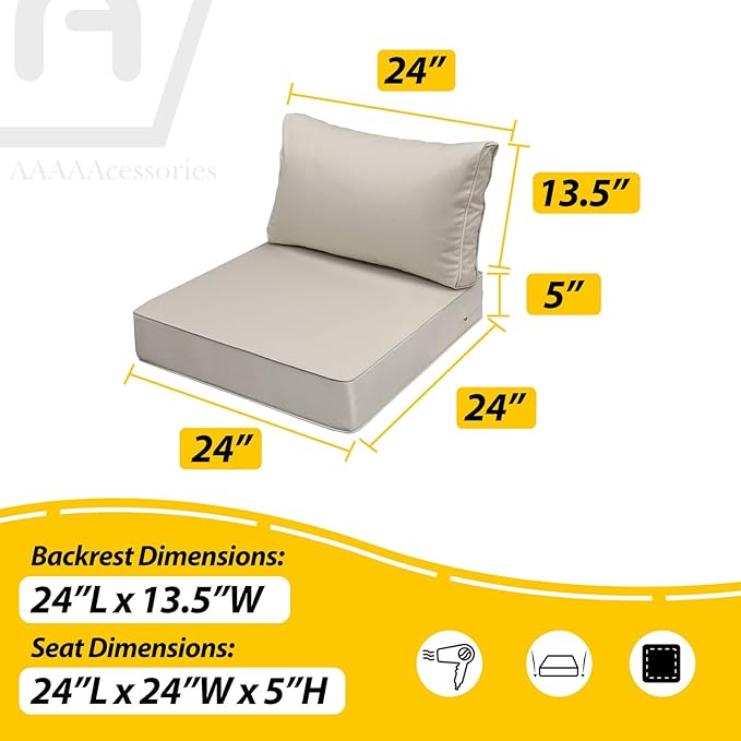AAAAAcessories Outdoor Seat Cushions for Chairs, Fade-Resistant, Waterproof Patio Furniture Replacement Cushions, 24" x 24" x 5" + 24" x 13.5", Set of 4, Beige