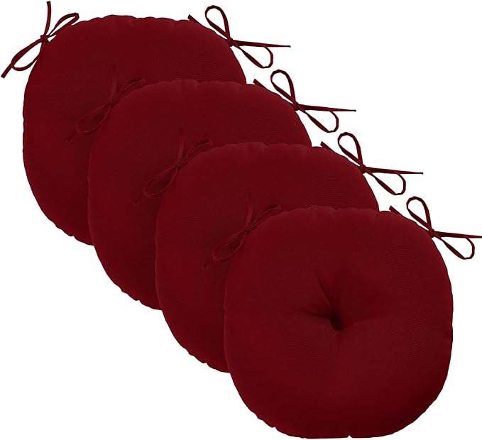 downluxe Bistro Chair Cushions for Patio Furniture, Water-Resistant Round Outdoor Chair Cushions Set of 4 with Non-Slip Ties, 15" x 15", Burgundy