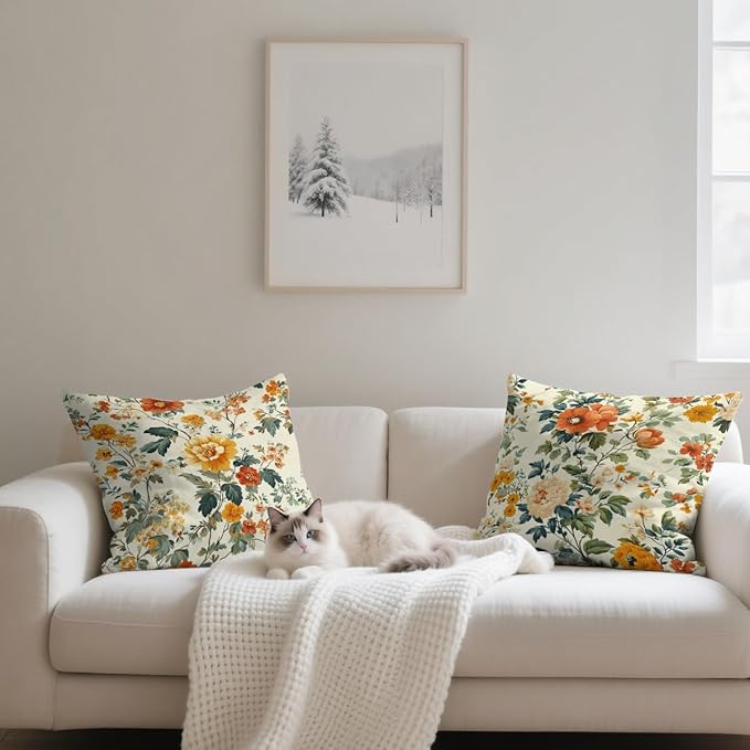 Flower Pillow Covers 18x18 inch Set of 4, Vintage Colorful Botanical Garden Rustic Elegance Throw Pillows Cover Sofa Couch Pillow Cases for Farmhouse Indoor Home Decor Decorations