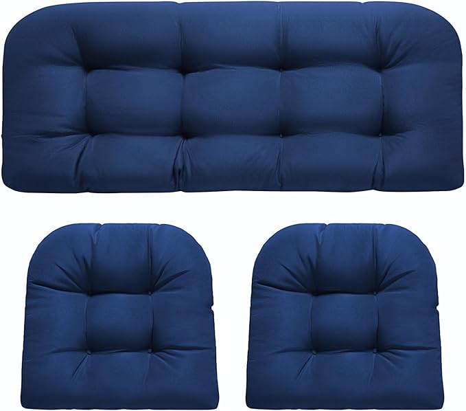 Wicker Chair Cushions, Waterproof Outdoor Loveseat Cushions for Patio Furniture, 3 Pieces Wicker Furniture Cushions, 1 Loveseat and 2 U-Shaped Cushions, Blue