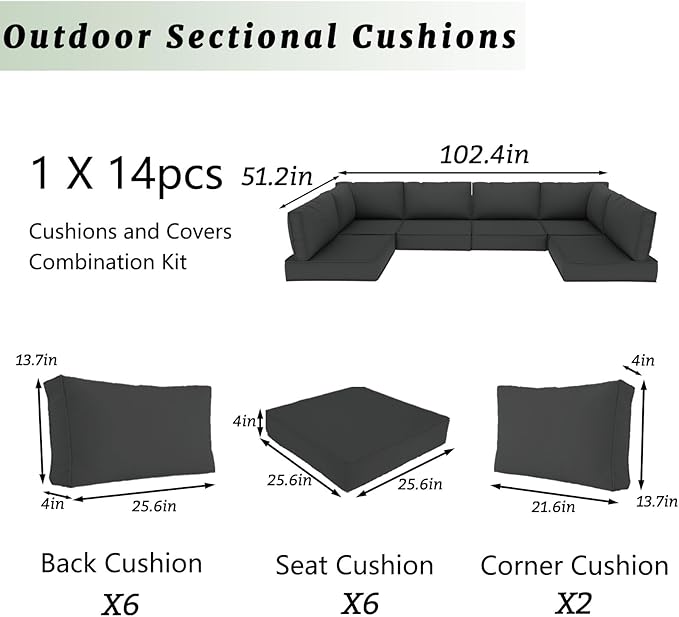 Outdoor Sectional Cushions Replacement Set, 26x26in Patio Furniture Cushions, 14 Pieces Waterproof Outdoor Couch Cushion for 6 Seat Wicker Conversation (Dark Gray)