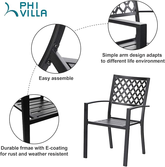 PHI VILLA Metal Outdoor Dining Chairs Set of 2 - Stackable Black Patio Chairs, 300lb Capacity (Diamond)