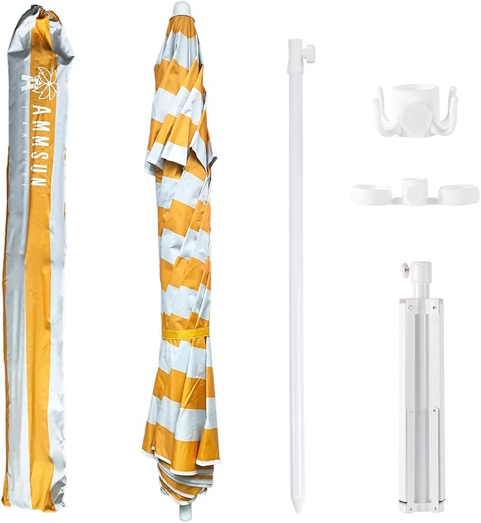 AMMSUN Shade Umbrella, Premium Portable Umbrella with Stand, 6.5ft Lightweight Free Standing Canopy for Sporting Games, Adjustable Instant Sun Protection and Easy to Carry, Stripe Yellow