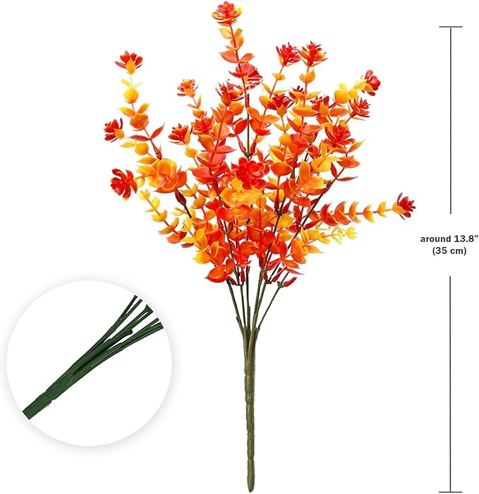 Artificial Fall Flowers for Outdoors, 10 Bundles Faux Flower UV Resistant Fall Fake Mums Plants for Outside Halloween Christmas Porch Decoration Fall Decor(Orange(Eucalyptus))