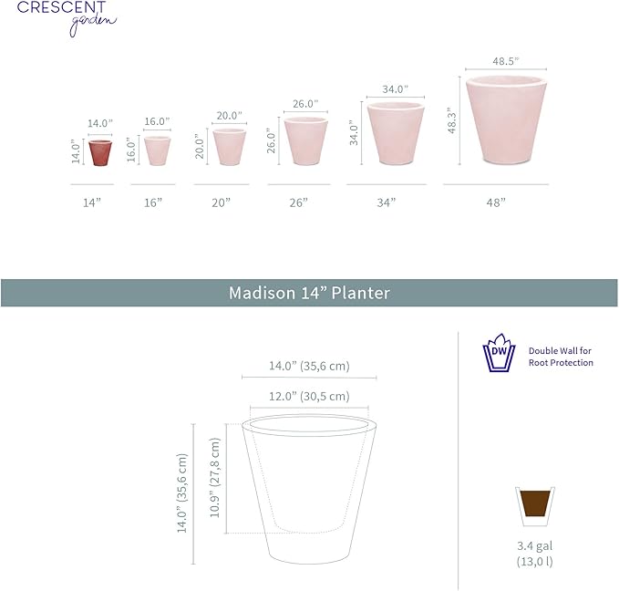 Crescent Garden Madison Planter– Weather-Resistant, Double Walled Indoor/Outdoor Plant Pot with Drain Hole – Durable All-Season Flower Container, 14" W (Bark)