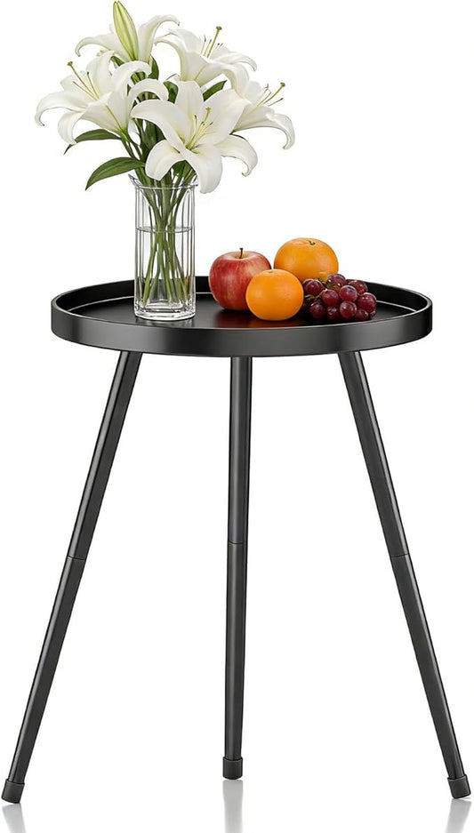 Small Round Side Table Metal End Table Outdoor Black Side Table Mid-Century Modern Accent Table for Office Bedroom Balcony and Small Spaces.