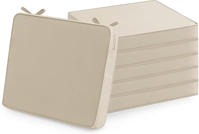 Outdoor Chair Cushions Set of 6: Waterproof & Fade Resistant Deep Seat Cushion for Patio Furniture - 24 x 24 x 3 Inch Chair Pads with Ties and Hidden Zipper - Patio Chair Cushion Replacement, Beige