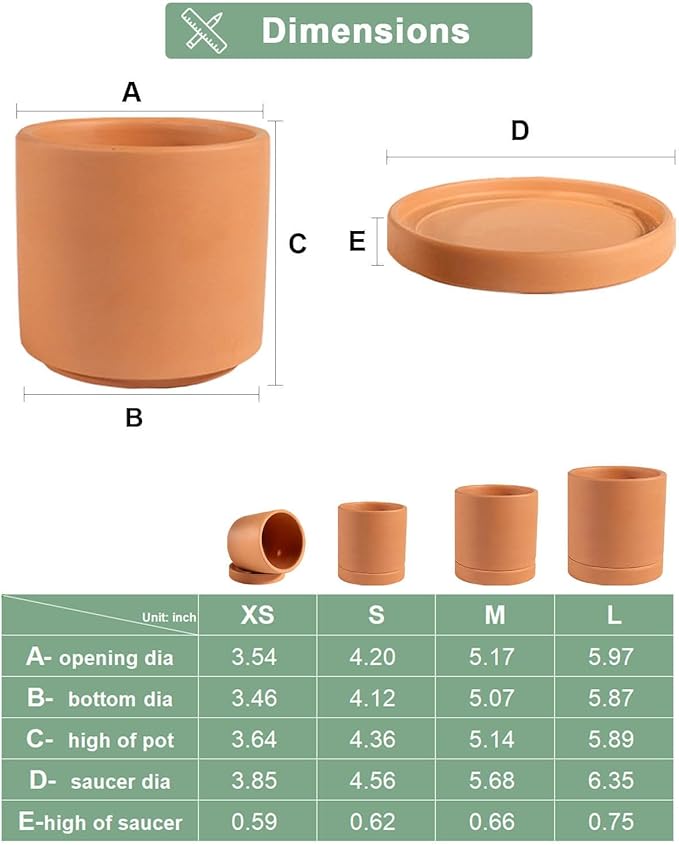 vensovo Terracotta Pots with Drainage and Saucers - 3.5/4.2/5.2/6.0 Inch Clay Planters Set of 4, Round Cylinder Flower Pots for Succulents, Herbs, Indoor Outdoor Plants
