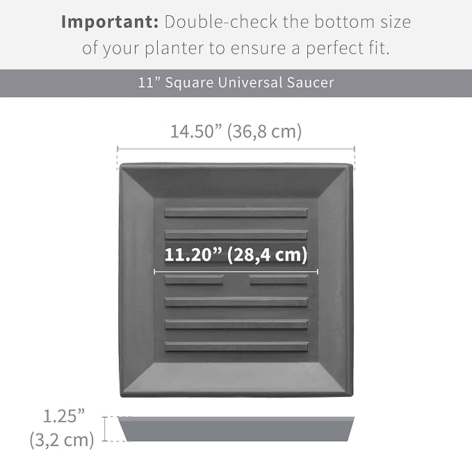 Crescent Garden Universal Square Plant Saucer, Weather-Safe Durable Drip Tray for Square Planter, Heavy-Duty Plastic Drainage Dish, Indoor/Outdoor Flowerpot Saucer - 11'' Inner x 14.5" Outer (Mocha)