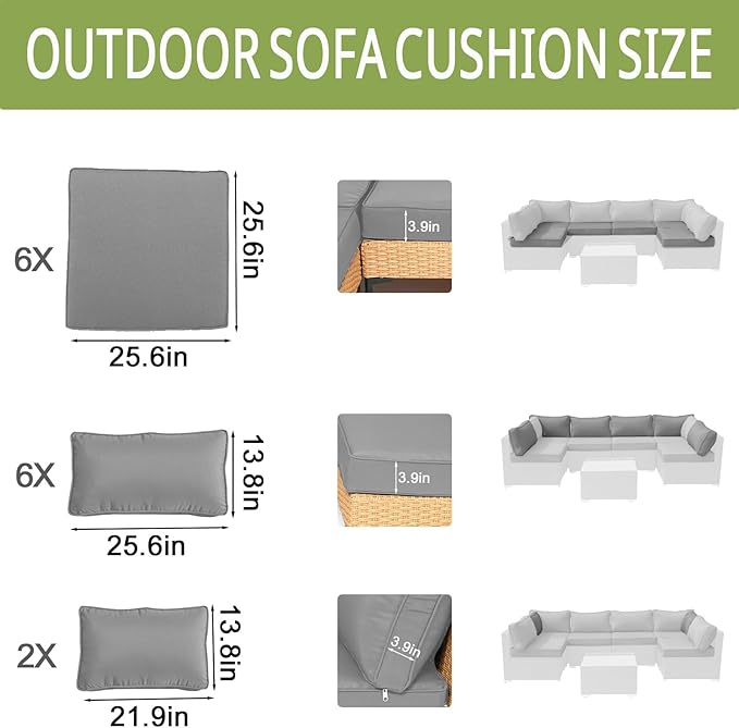 14Piece Outdoor Sofa Cushion Replacement Patio Furniture Waterproof Cushion with Zippers fit 6-Seat Outdoor Wicker Rattan Sectional Couch (Light Gray, 25.6"x25.6"x3.9")