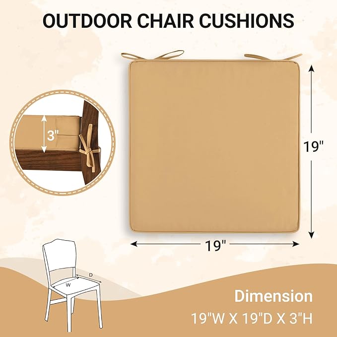downluxe Waterproof Outdoor Chair Cushions Set of 4, 19" x 19" x 3" Patio Chair Cushion with Non-Slip Ties & Handle, Square Outdoor Cushion for Patio Furniture with Removable Cover, Khaki
