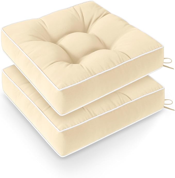 Wellsin Outdoor Chair Cushions Set of 2, Patio Cushions for Outdoor Furniture, Tufted Waterproof Outdoor Chair Pads, 19 x 19 Inch, Beige