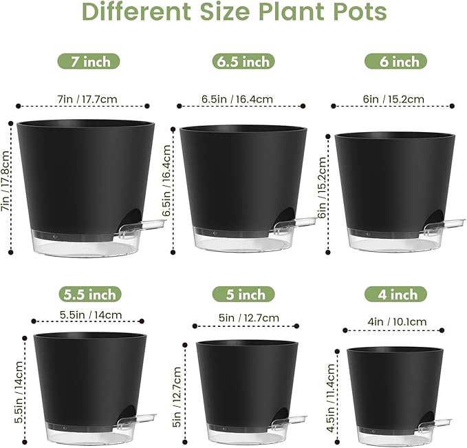 Self Watering Pots Pack of 6 – Different Size 4" to 7" Indoor Plant Pots with Drainage Holes and Clear Reservoir for Visible Water Level, Plastic Wicking Planters for House Plants, Black