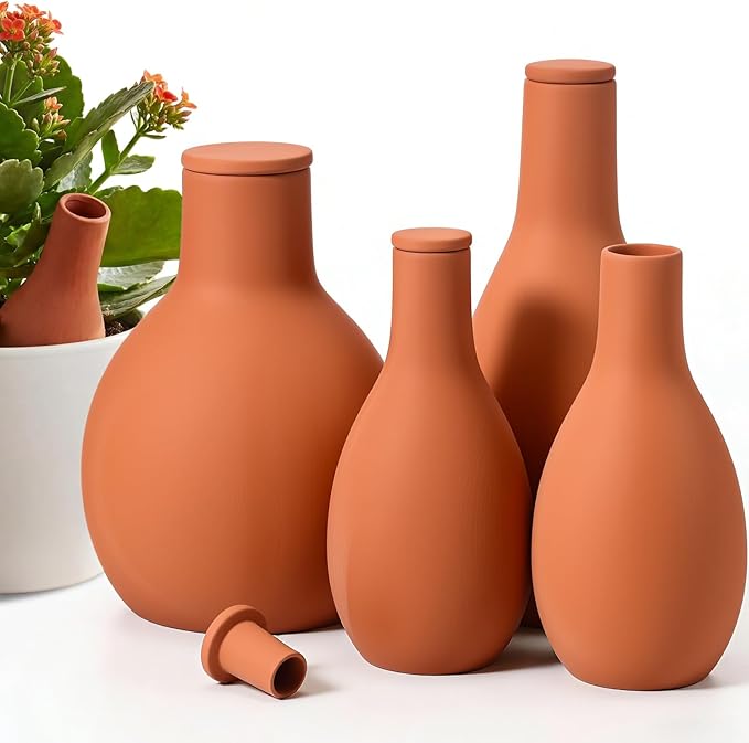 4 Pcs Self-Watering Ollas Terracotta Watering Pots with Lid, 12oz 20oz 33oz Terra Cotta Clay Plant Automatic Plant Irrigation Devices Clay Garden Olla Pots Plants Waterers 3 Size
