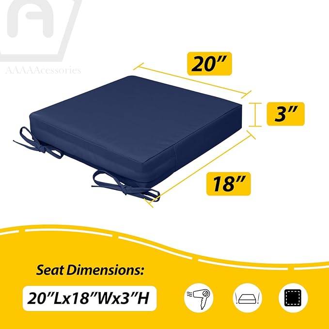 AAAAAcessories Outdoor Seat Cushions for Chairs, Waterproof, Fade-Resistant, 20" x 18" x 3", Patio Furniture Replacement Cushions, Set of 2, Navy Blue