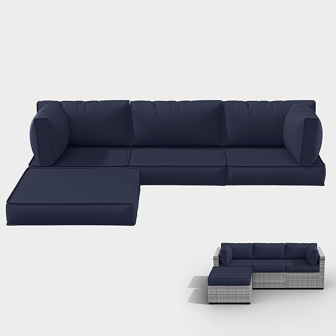 Outdoor Cushions for Patio Furniture with 5 Pillows, Waterproof Patio Furniture Cushions Replacement, 4" Deep Seat Outdoor Sectional Cushions for 4-seat Patio Furniture Chair Sofa Couch,Navy Blue