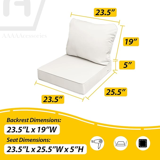 AAAAAcessories Outdoor Seat Cushions for Chairs, Fade-Resistant, Waterproof Patio Furniture Replacement Cushions, 23.5" x 25.5" x 5" + 23.5" x 19", Set of 4, Creamy White