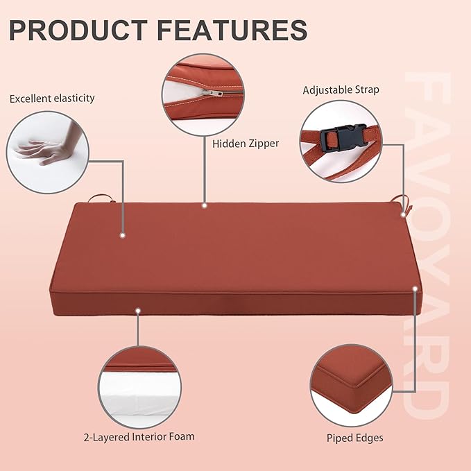 Favoyard Outdoor Bench Cushion 45 x 18 Inch Waterproof Patio Furniture Cushions 3-Year Color Fastness Garden Sofa Settee Couch Swing Pads with Handle and Adjustable Straps, Spice