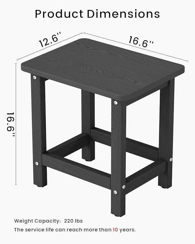 Weatherproof Outdoor Side Table, HDPE Small Outdoor Table for Adirondack, 16.6-Inch Patio Square End Tables for Garden, Backyard, Porch, Deck, Balcony, Poolside (Black)