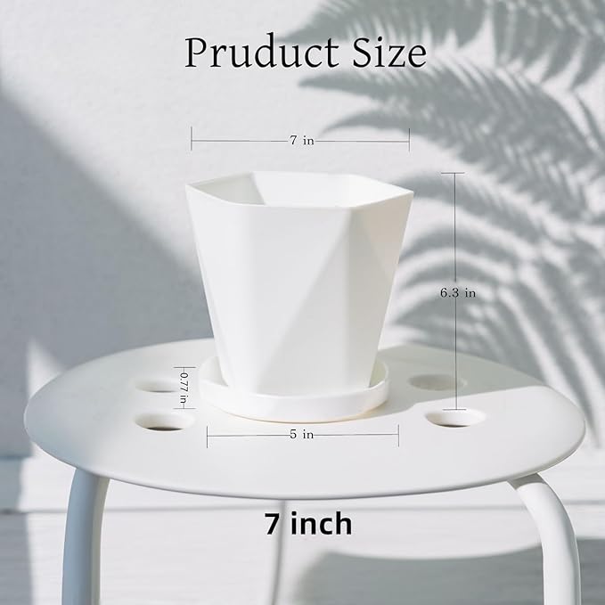 InmeRun Plant Pots Indoor Plastic Flower Pots Outdoor 7 inch Set of 6 Pack with Drainage Holes and Saucers for Garden Pots (7 in 6 White)