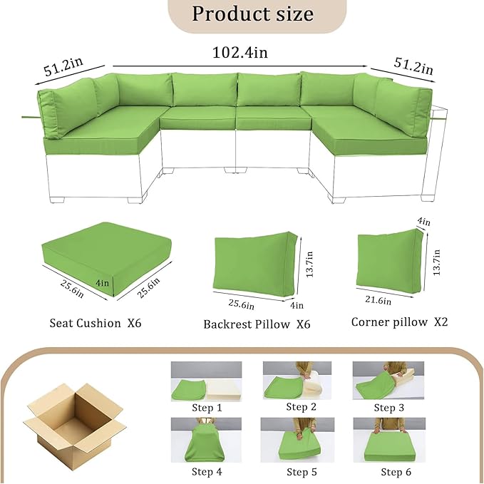 14 Pieces Outdoor Sectional Replacement Cushions for Patio Furniture, 4in Thick Outdoor Sofa Cushions for 6 Seat, Waterproof Deep Seat Couch Patio Cushions Set (Olive Green)
