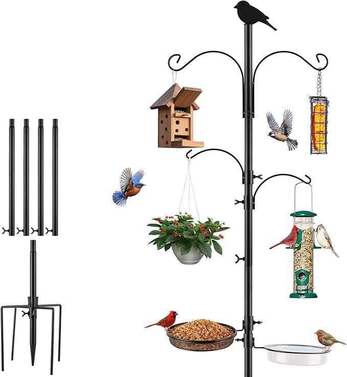 Camii 75 inch 4-Hook Bird Feeder Pole Kit, Adjustable Shepherds Hook with Tray, Water Bowl, 5-Prong Reinforced Base, Garden Hooks for Hanging Bird Feeders, Hanging Plants, Solar Light Lantern