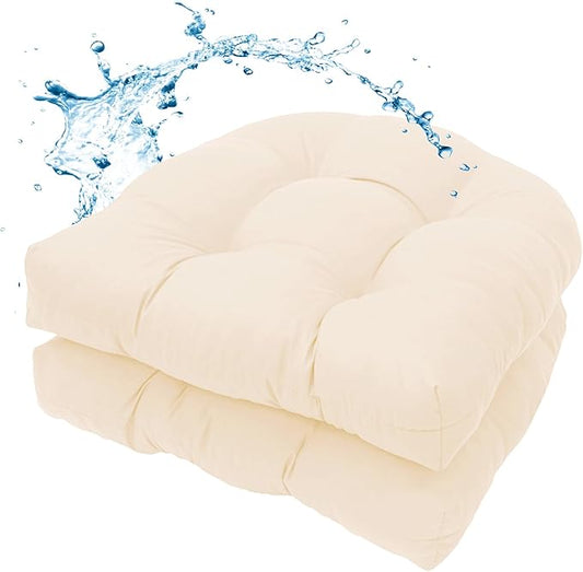 MTMR Outdoor Chair Cushions Set of 2, 19x19 Waterproof Wicker Seat Cushions for Patio Furniture, Thick Tufted Outdoor Replacement Furniture Pad for Porch Lawn Wicker Desk Dining Rocking Chair, Cream