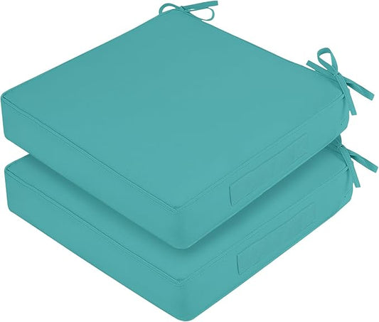 Waterproof Outdoor Chair Cushions Set of 2, Square Outdoor Seat Cushions with Ties and Removable Covers, 24 x 24 Outdoor Cushions for Patio Furniture with Portable Handle(Teal)