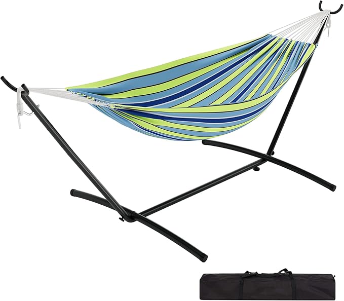 Double Hammock with Space Saving Steel Stand Included - 2 Person Camping Hammock with Carry Bag, Outdoor Portable Hammocks, 450lb Capacity, Standing Hammocks for Garden Yard-Blue and Green