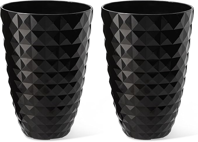 Glitzhome 19.75" H Large Tall Planters for Outdoor, Set of 2 Tall Black Planter with Drainage Holes, Faux Ceramic Diamond Textured Oversized Planters, Decorative Flower Pots for Porch Indoor Garden