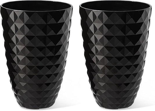 Glitzhome 19.75" H Large Tall Planters for Outdoor, Set of 2 Tall Black Planter with Drainage Holes, Faux Ceramic Diamond Textured Oversized Planters, Decorative Flower Pots for Porch Indoor Garden