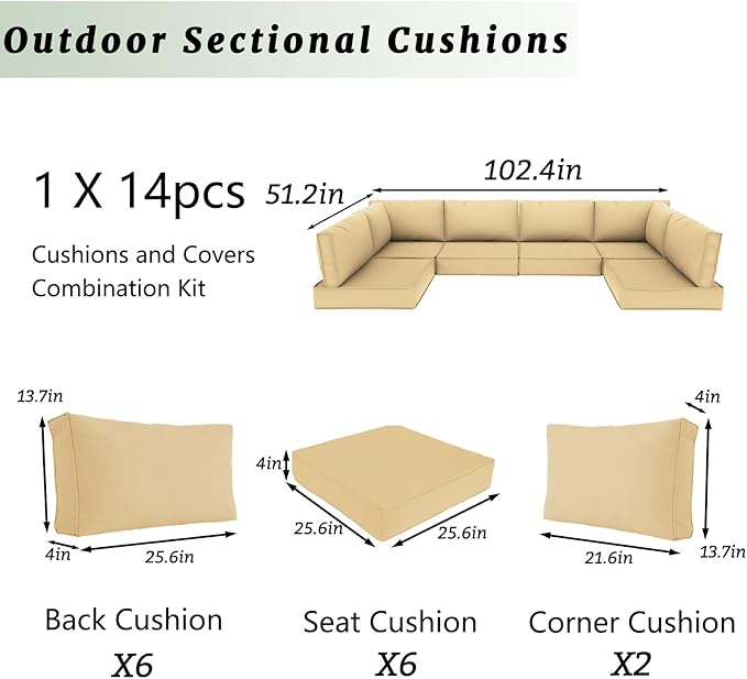 Outdoor Sectional Cushions Replacement Set, 26x26in Patio Furniture Cushions, 14 Pieces Waterproof Outdoor Couch Cushion for 6 Seat Wicker Conversation (Beige)