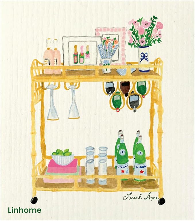 Christmas Holiday Swedish Dishcloth, Cocktail Collection, Reusable Paper Towel, Super Absorbent Cellulose Sponge, Washable Kitchen Cleaning Cloth (Cocktail Bar Cart - 1 Pack)
