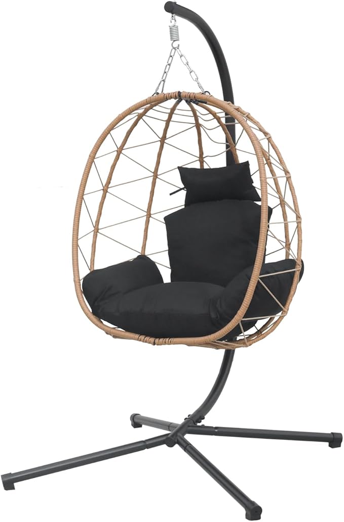 Hanging Egg Chair with Stand Indoor Swinging Chair Outdoor Hammock Egg Chair for Patio, Bedroom, Garden and Balcony (Black, Small)