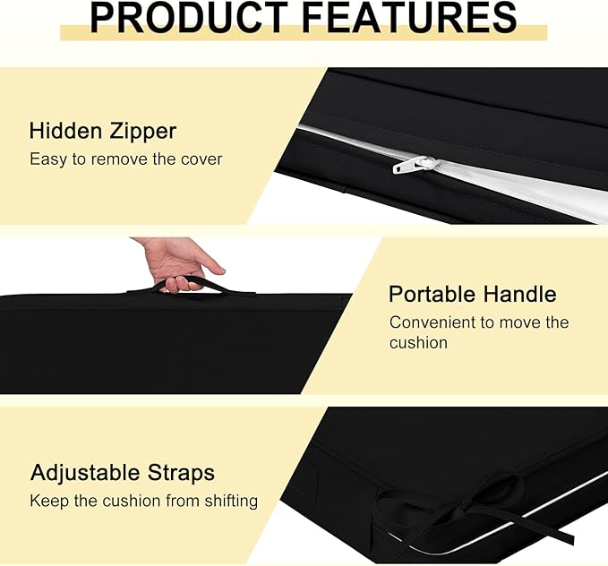 downluxe Waterproof Outdoor Chair Cushions for Patio Furniture, 22" x 22" x 3" Patio Chair Cushion with Adjustable Ties & Portable Handle, Square Outdoor Cushion with Removable Cover, Black, 2 Pack