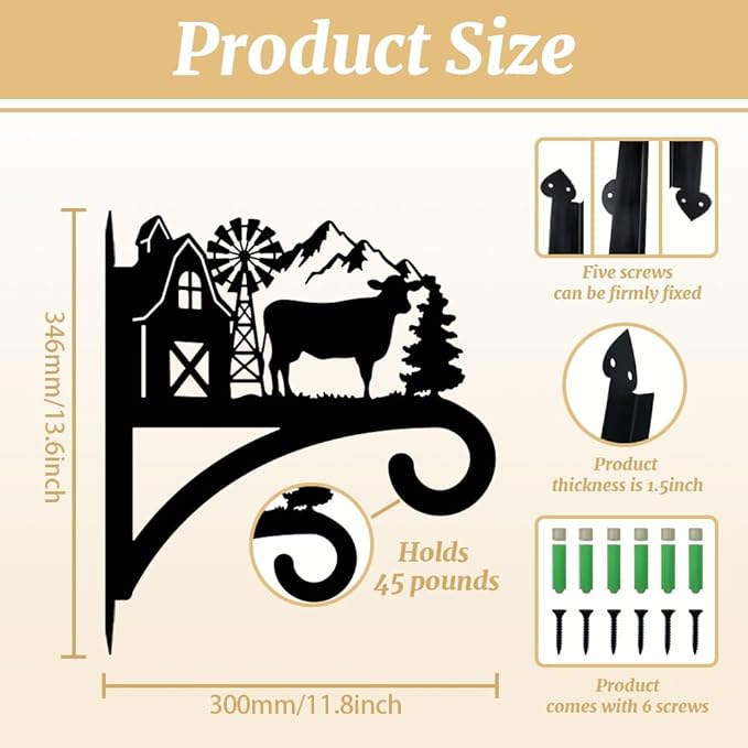 peacoblue Iron Plant Hangers Hooks for Outdoor Indoor Hanging Plants Flower Fern Pots Lantern Bird Feeder,11.8"x13.6" Weather Resistant Metal Wall Holder for Porch Garden Farmhouse(Farm Cow)