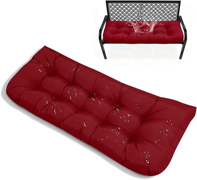 Tufted Burgundy Bench Cushions for Outdoor Furniture Waterproof 51x 20 inches Patio Swing Cushions Wine Red with Ties Non-Slip Cushion for Outdoor Bench Loveseats Furniture