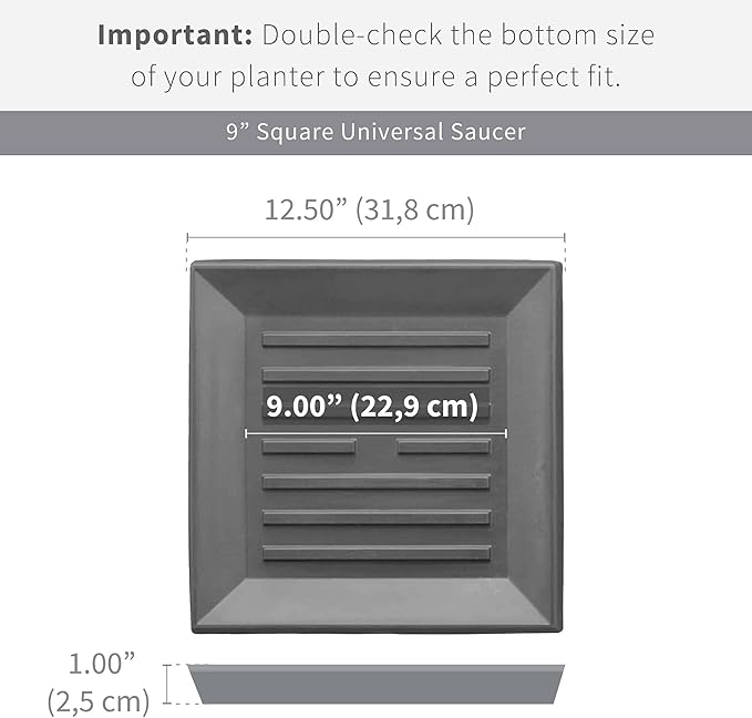 Crescent Garden Universal Square Plant Saucer, Houseplant Durable Drip Tray for Square Planter, Heavy-Duty Plastic Drainage Dish, Indoor/Outdoor Flowerpot Saucer - 9'' Inner x 12.5" Outer (Mocha)