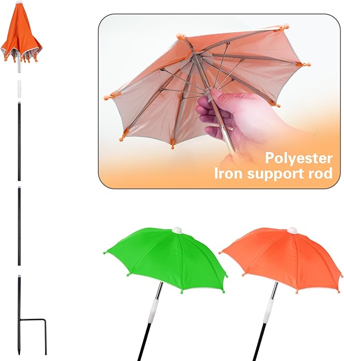 2 PCS Plant Umbrellas, 10.6 Inch Diameter Small Mini Adjustable Height (23.2-31.1 Inch) Shade Umbrella for Outdoor Potted Plants Garden Bed Flower Pot Decor (Green and Orange)
