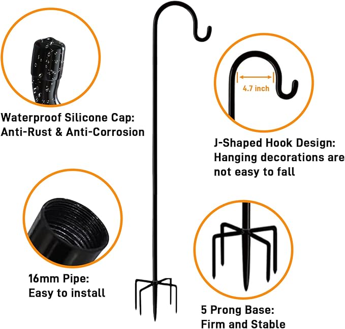 Shepherds Hook 48 Inches 2 Packs for Bird Feeder Pole Bird Feeder Hanger Heavy Duty Adjustable Shepherds Hooks for Outdoor with 5-Prong Base for Lanterns Planting Hanger Weddings (48")