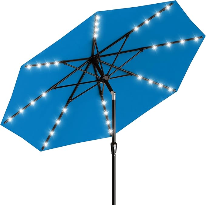 AreShark 9FT Patio Umbrella with Solar Lights, 32 LED Lighted Pool Umbrella w/Tilt and Crank, Outdoor Market Solar Umbrellas for Garden, Deck, Backyard, Pool and Beach, Royal Blue