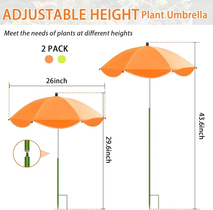 MJZ 2 Pack Plant Umbrellas for Outdoor Plants, 26" Garden Umbrella for Plants with Adjustable Angle, Plant Umbrella Provide Shade for Outdoor Plants Flower Pot Planting Beds (Green, Orange)