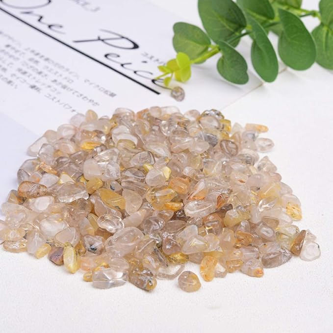 IMALY Gold Rutilated Quartz Tumbled Chips Stone Polished Crushed Healing Crystal Quartz Pieces Irregular Shaped Stones for Home Decorative Stones Vases Plants Succulents 0.5lb