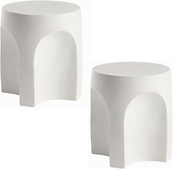 SUNBURY Outdoor Side Tables Set of 2, Concrete Accent End Table, Indoor Small Round Patio End Plant Stands Outside, Garden Stools for Yard, Arch Shape Spotted White